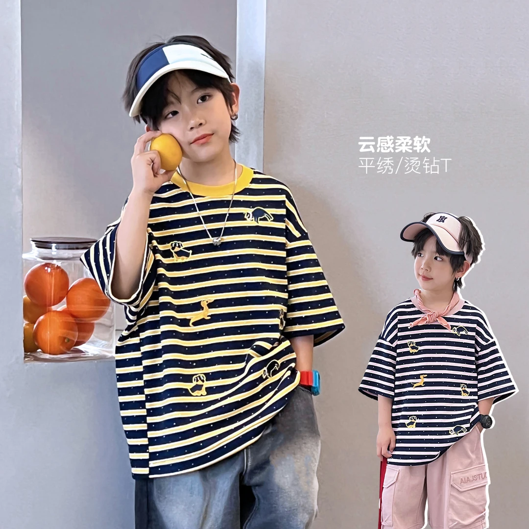 潮牌童装夏季短袖条纹T恤黑色条纹男童t恤中大童休闲风 5049743O2