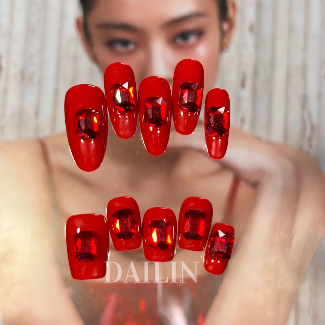 黛琳【当红不让】红色钻石爆闪ins小众纯手工可拆卸穿戴甲