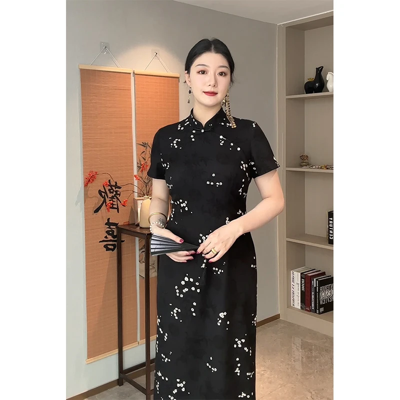 黑色提花正肩旗袍改良版女微胖大码新中式国风收腰显瘦复古连衣裙