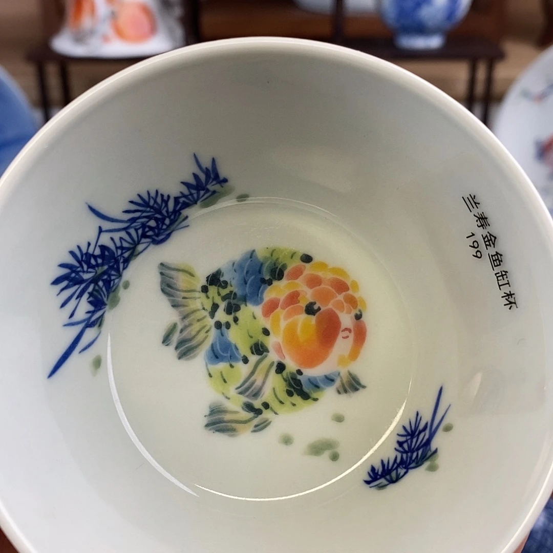 泥藝瓷梦兰寿金鱼缸杯