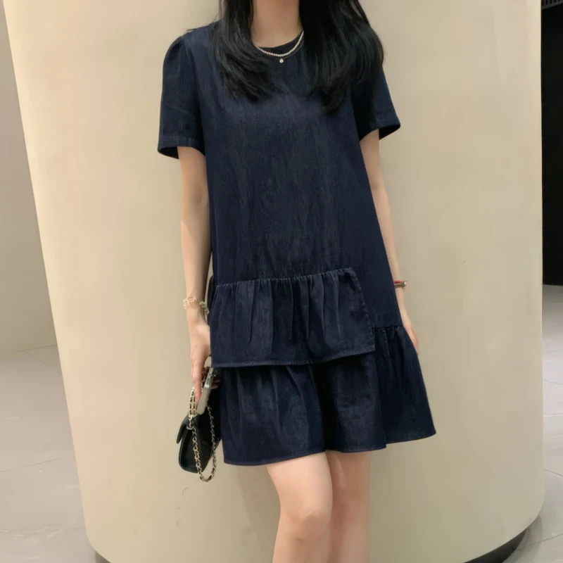 韩系复古风圆领牛仔背心裙女2025夏季大码胖MM宽松百搭短袖连衣裙