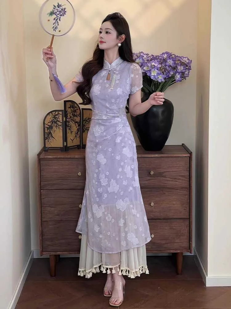 新中式高级感改良紫色旗袍连衣裙女夏小个子百搭漂亮新款礼服裙子