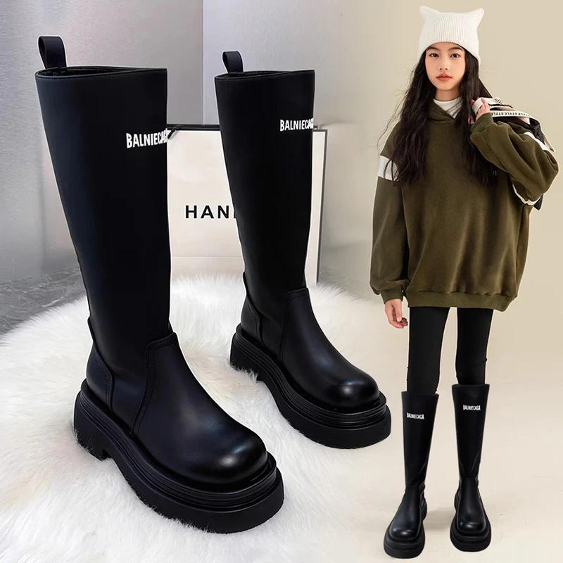 女童高筒靴2025秋冬新款儿童皮靴子中大童女孩休闲马丁靴学生长靴