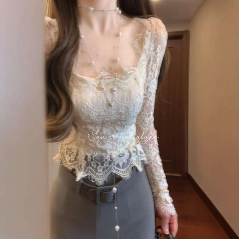 纯欲辣妹性感方领蕾丝打底衫女秋季新款内搭外穿修身显瘦长袖上衣