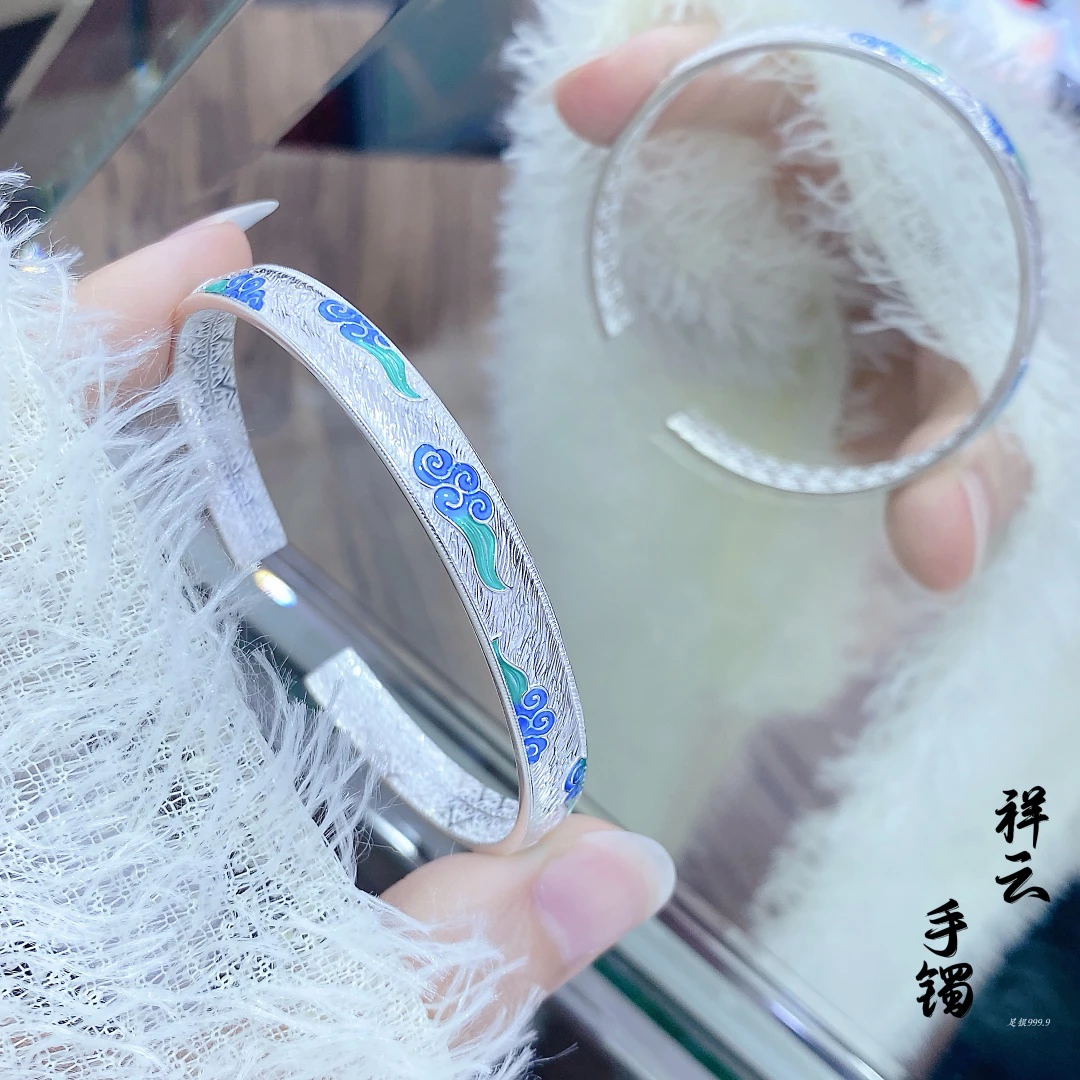 足银手镯 9999磨砂光面青云女款国风时尚复古手工气质实心银女款.