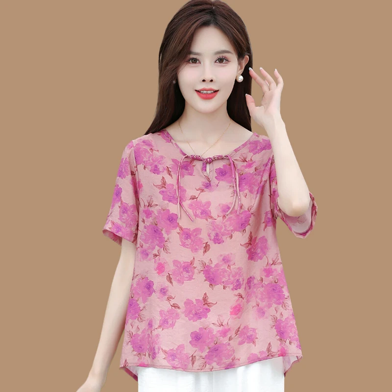 恒源祥正品2024新款中妈妈宽松上衣花色棉麻夏季时尚洋气小衫短袖