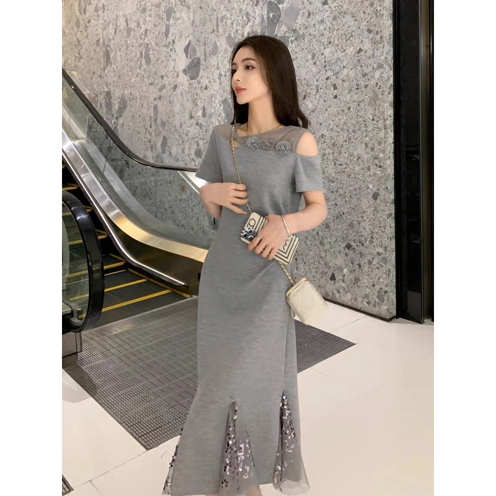 法式露肩连衣裙女2025夏季显瘦减龄高级感超好看独特漂亮拼接裙子