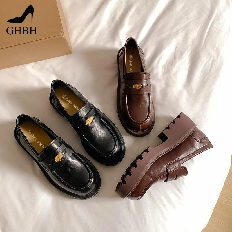 2025新款厚底金币乐福鞋女懒人一脚蹬英伦圆头小皮鞋粗跟增高单鞋