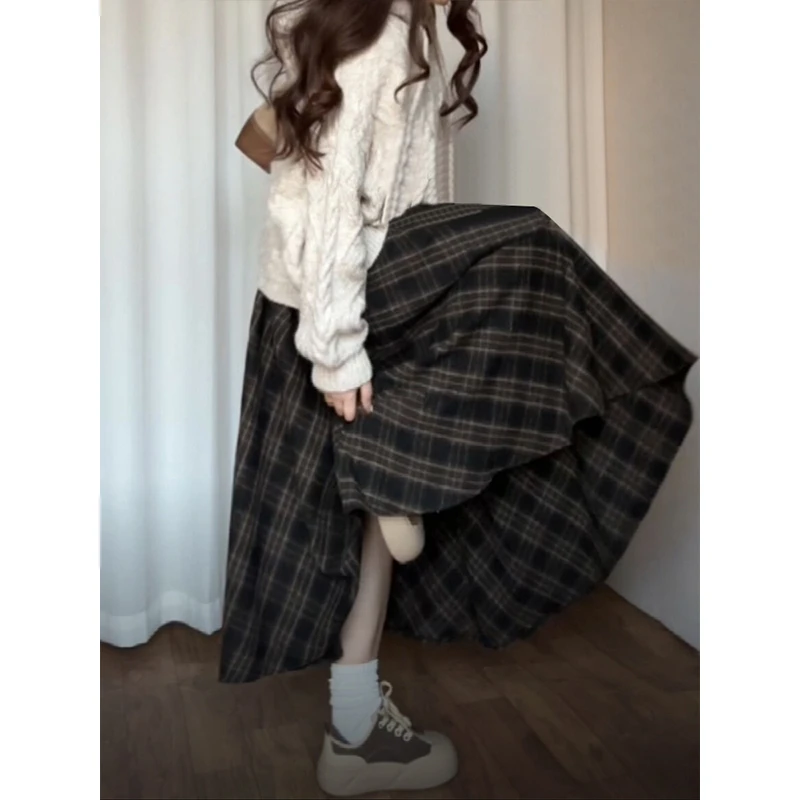 冬季美拉德复古格子高腰显瘦大码半身裙女梨型身材遮胯百搭中长裙