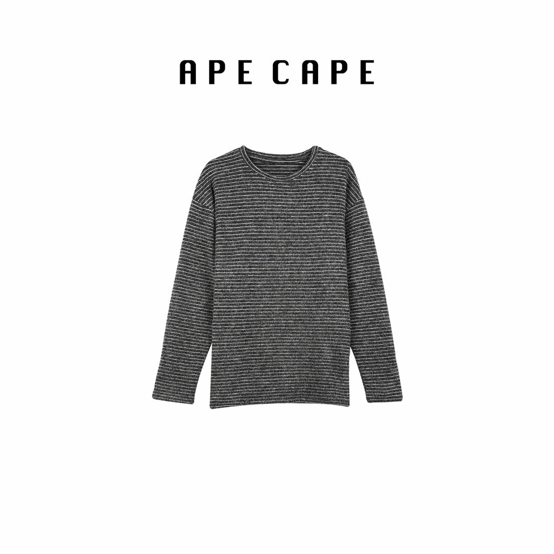 APECAPE【臻选澳绒】双面澳绒磨毛绒加厚条纹长袖T女宽松上衣打底衫
