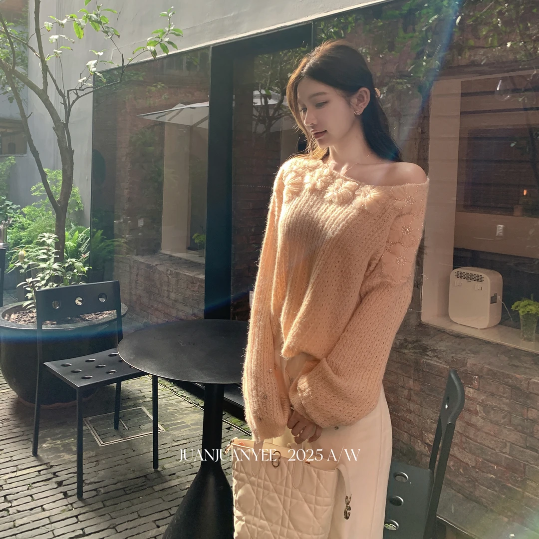 juanjuanyee【花蔓】立体花朵软糯订钻针织毛衣慵懒显瘦百搭上衣