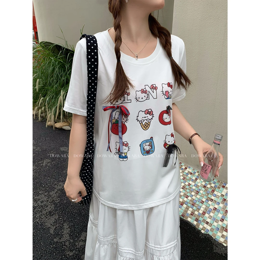 现货8361x大婉酱千千微胖定制【九宫格kitty】休闲上衣宽松百搭短袖