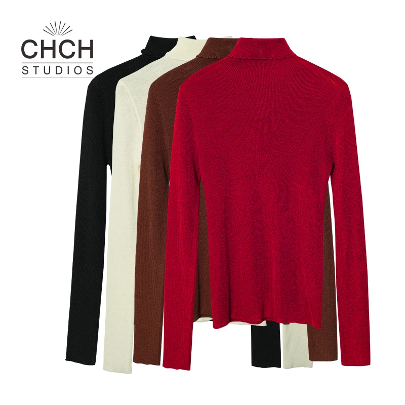 JY3ZZD123575新款时尚花边领纯色百搭经典高领网红打底针织衫女