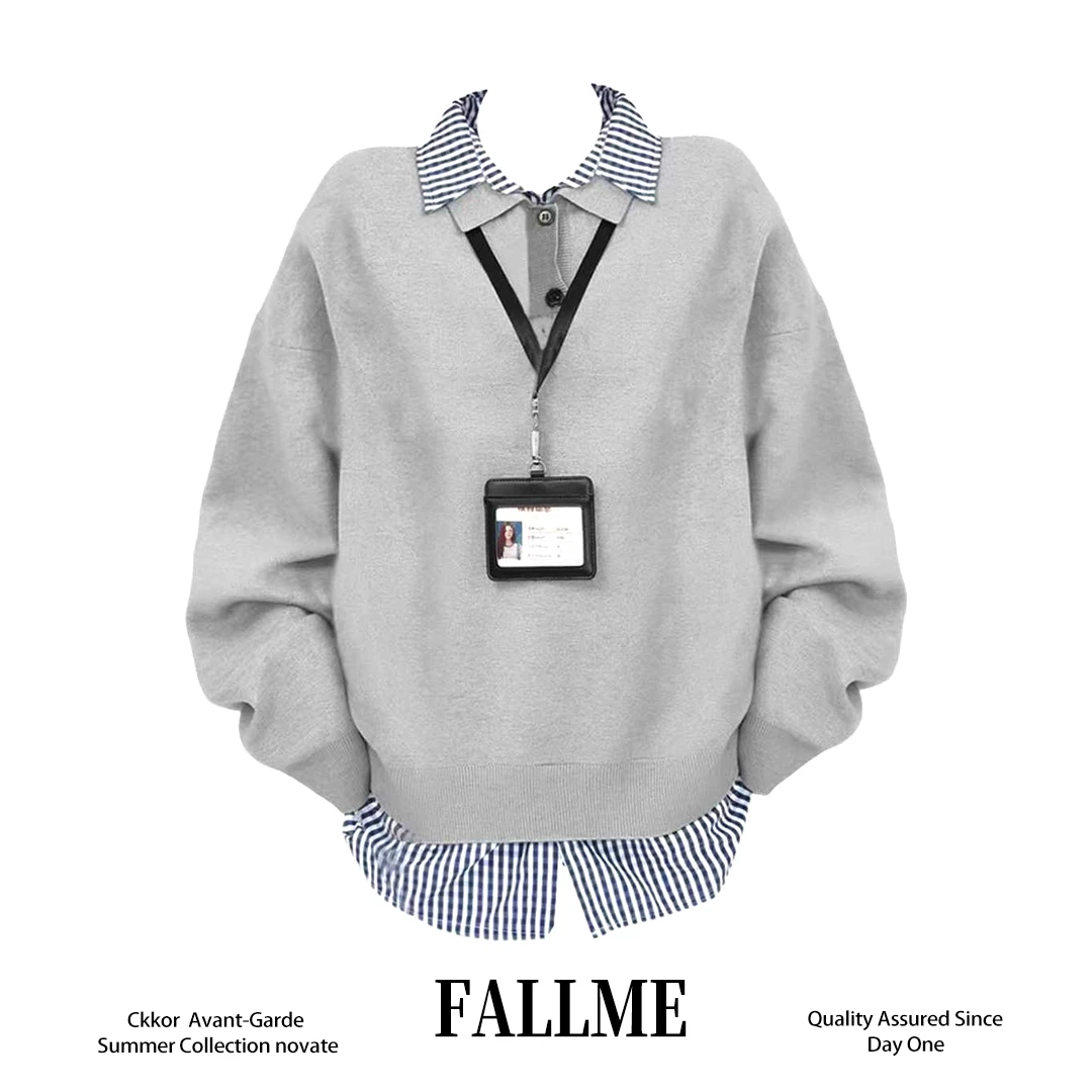 FALLME【双11狂欢】美式慵懒风格纹拼接情侣毛衣春秋纽扣假两件大衣