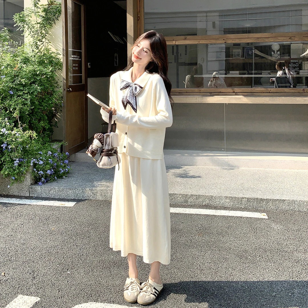 白色温柔系通勤穿搭女2025新款针织开衫上衣无袖polo连衣裙两件套