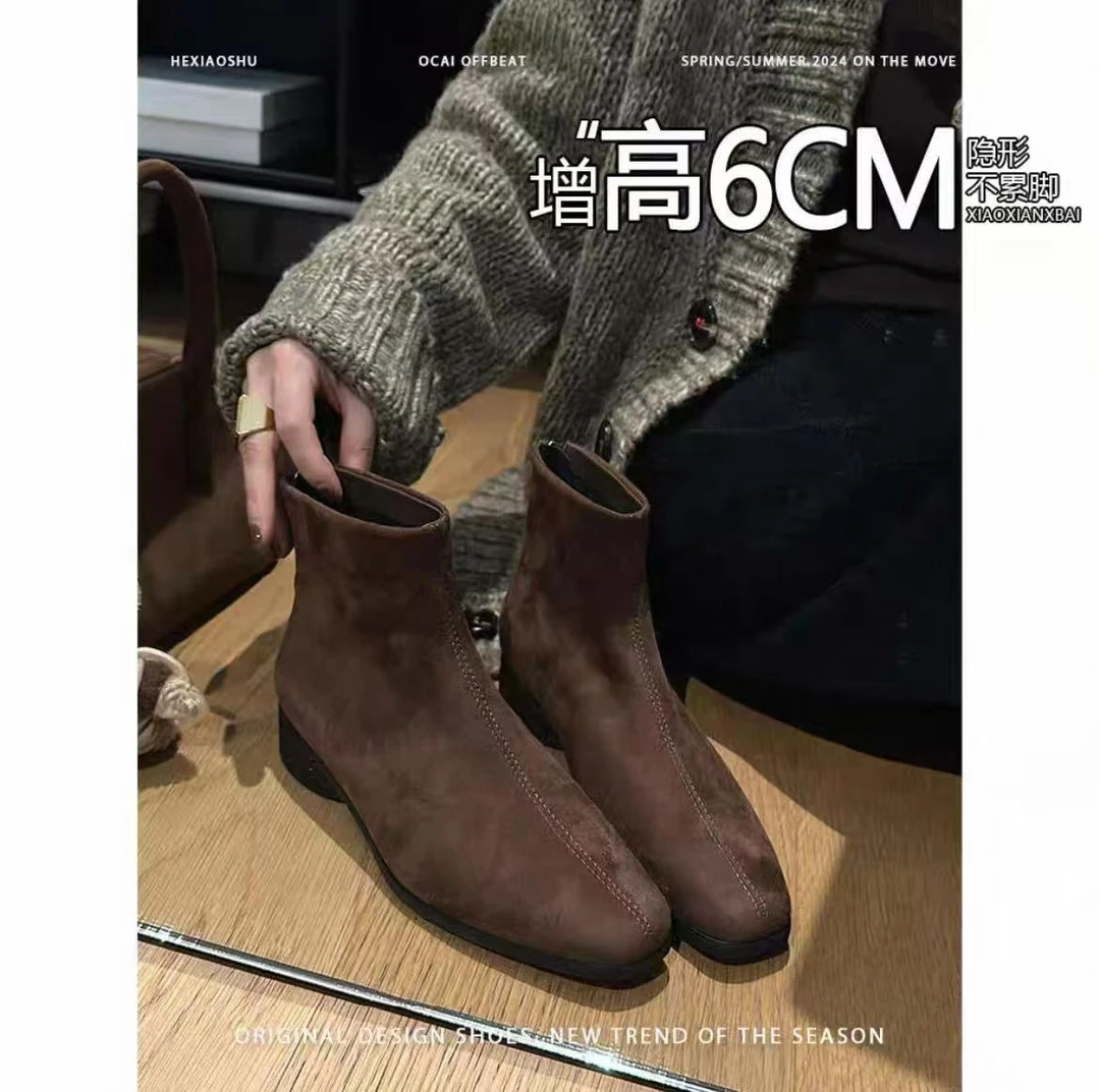 小个子内增高6CM~百搭马丁靴女方头复古绒面法式切尔西短靴瘦瘦靴