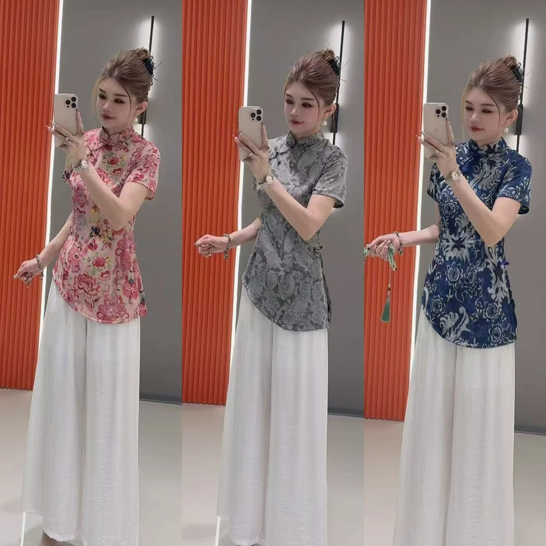 小 8447 国风盘扣开衩收腰上衣 加 长裤 两件套