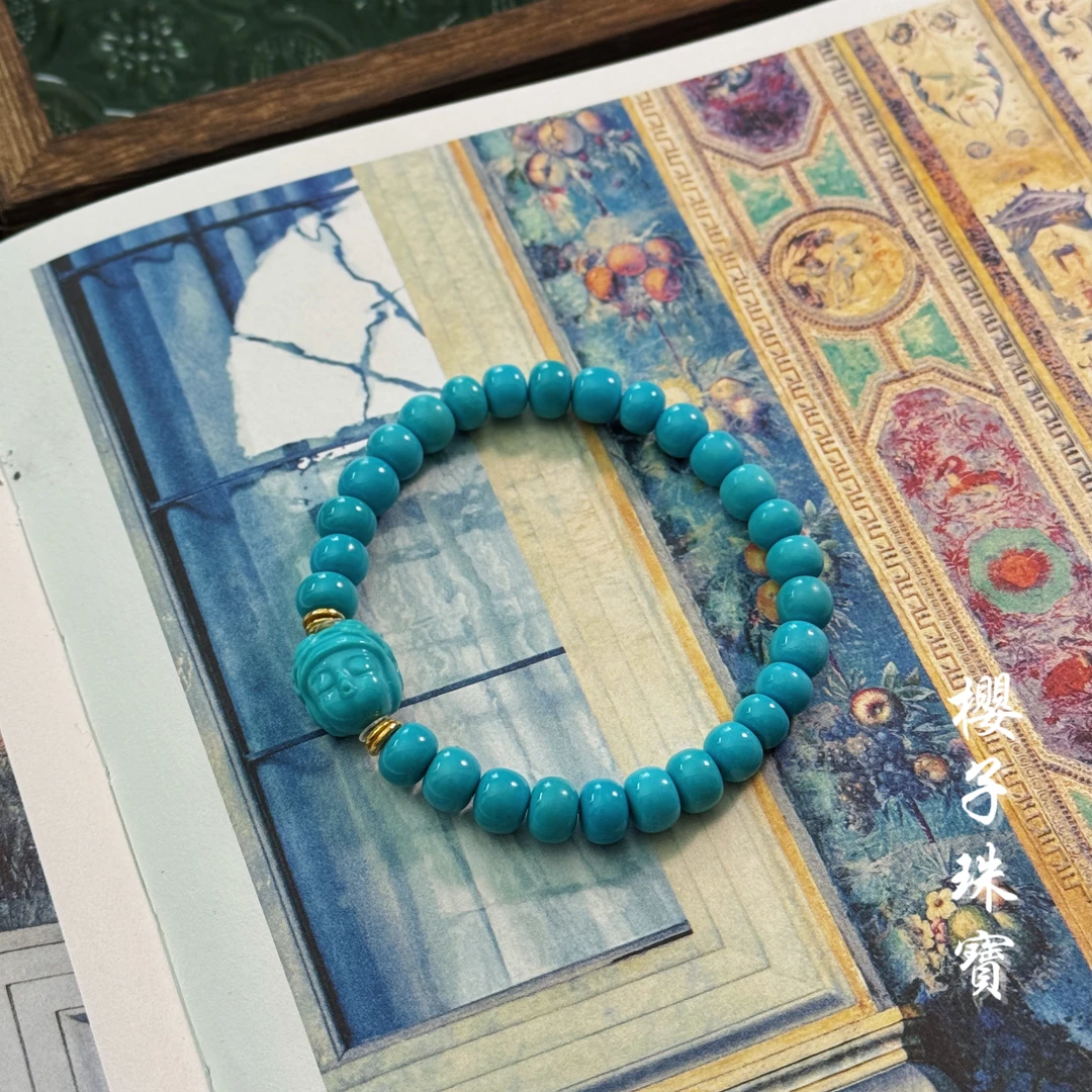 樱子 | 向云 玉化蓝绿松老形佛珠原矿高磁18K镶时尚手串*YZLS1760