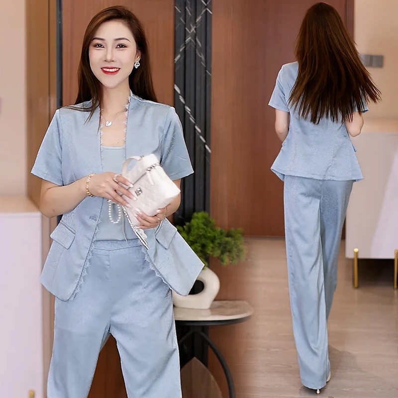 时尚套装女2025夏季新款洋气显瘦短袖西装外套阔腿裤三件套潮