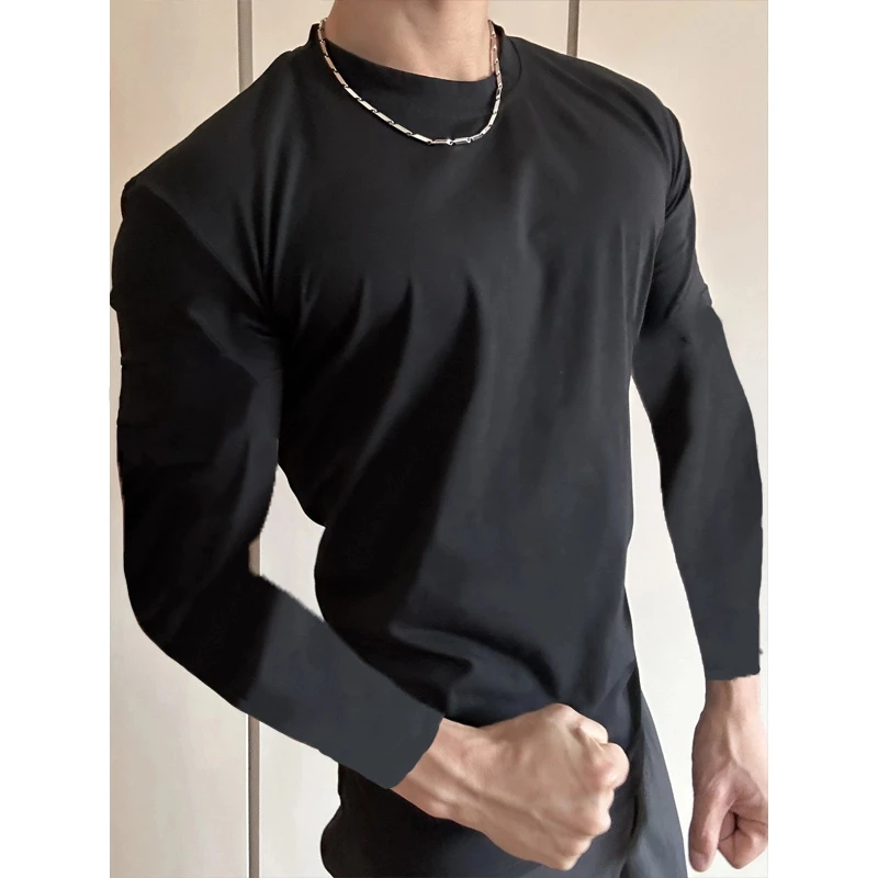 高级感健身显肌肉运动长袖T恤男春秋美式型男弹力紧身收腰打底衫