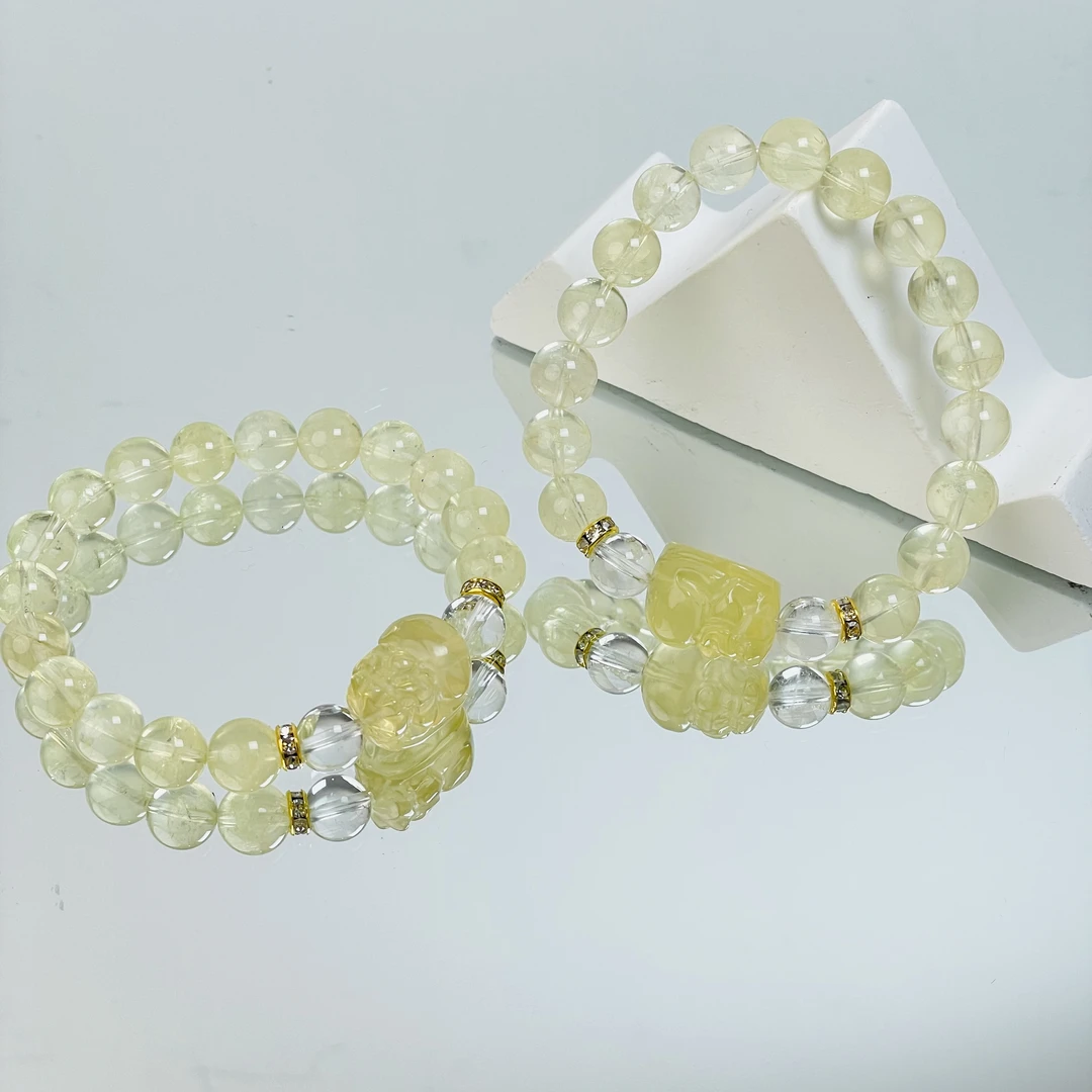 【2490 兜里有米】黄水晶貔貅白水晶8-9mm手串面小仙多样性发其一