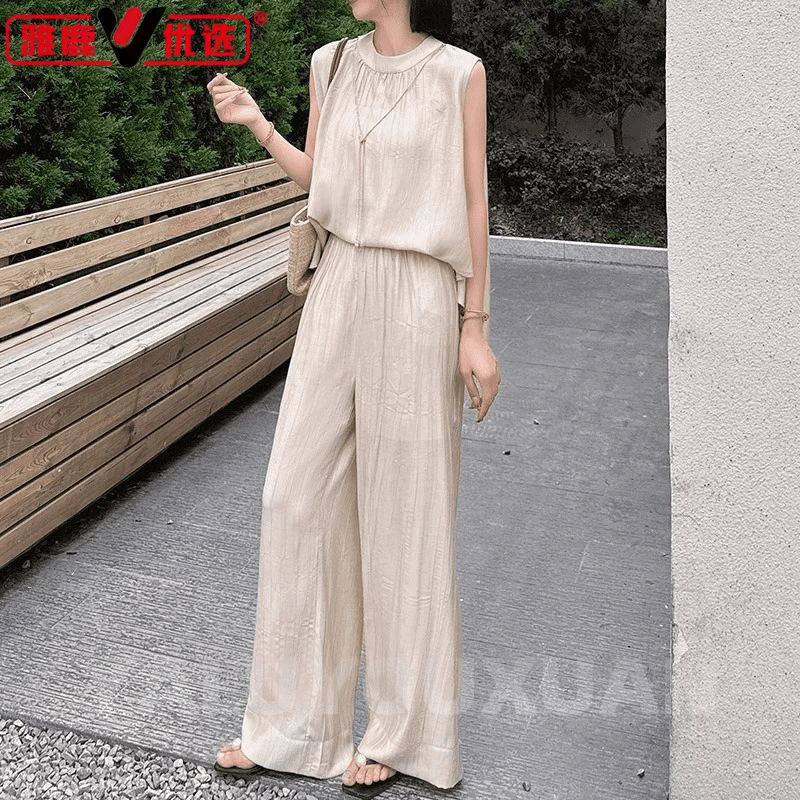 雅鹿优选2025夏季肌理竖纹时尚套装女中年妈妈装上衣服阔腿裤两件