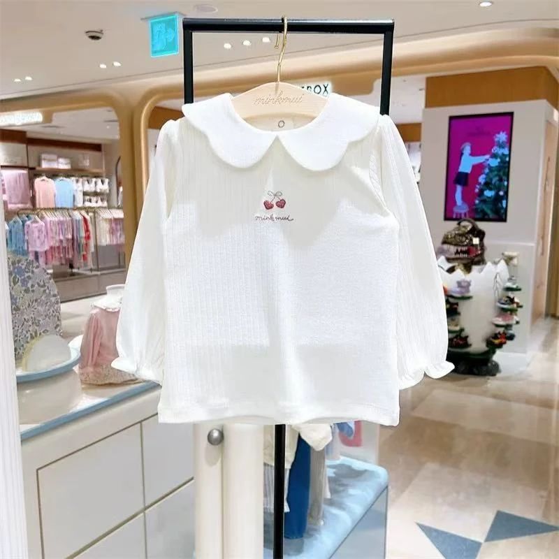 出口韩国童装 小星星25秋女童翻领刺绣小樱桃长袖T恤