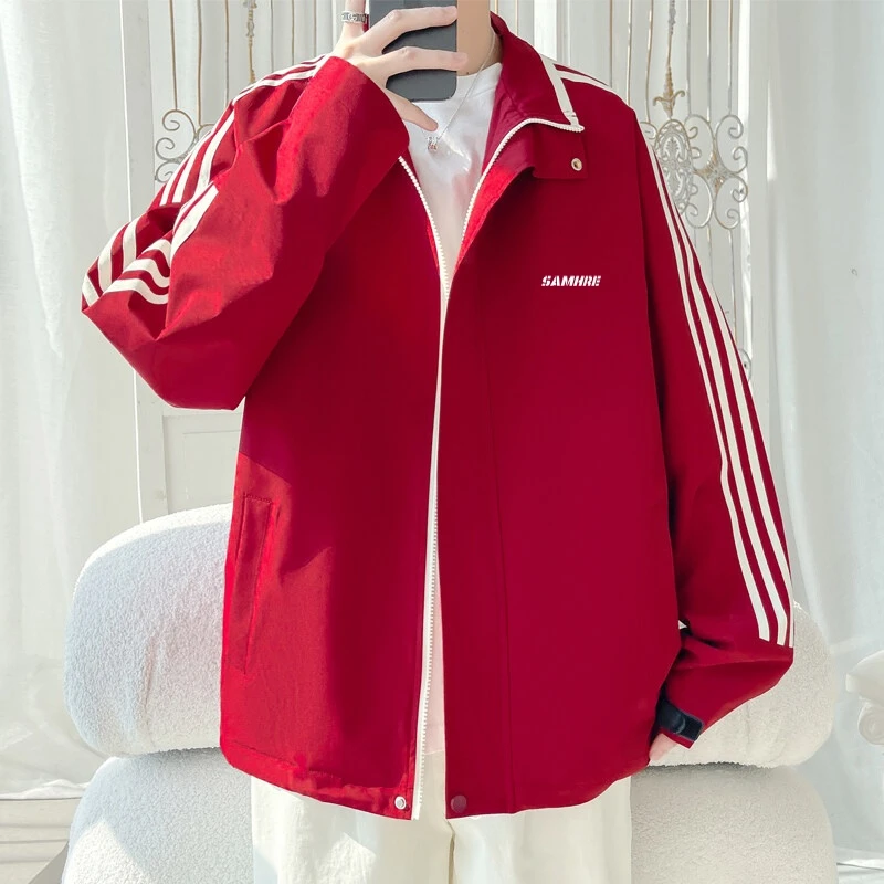 霄桂姿翻领夹克男春季新款条纹宽松大码学生长袖上衣潮流百搭外套