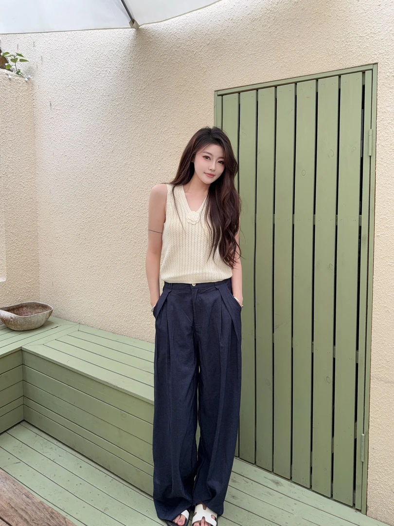 【BB家】垂垂天丝凉感藏蓝色神裤+清冷诧寂花朵针织马甲背心套装
