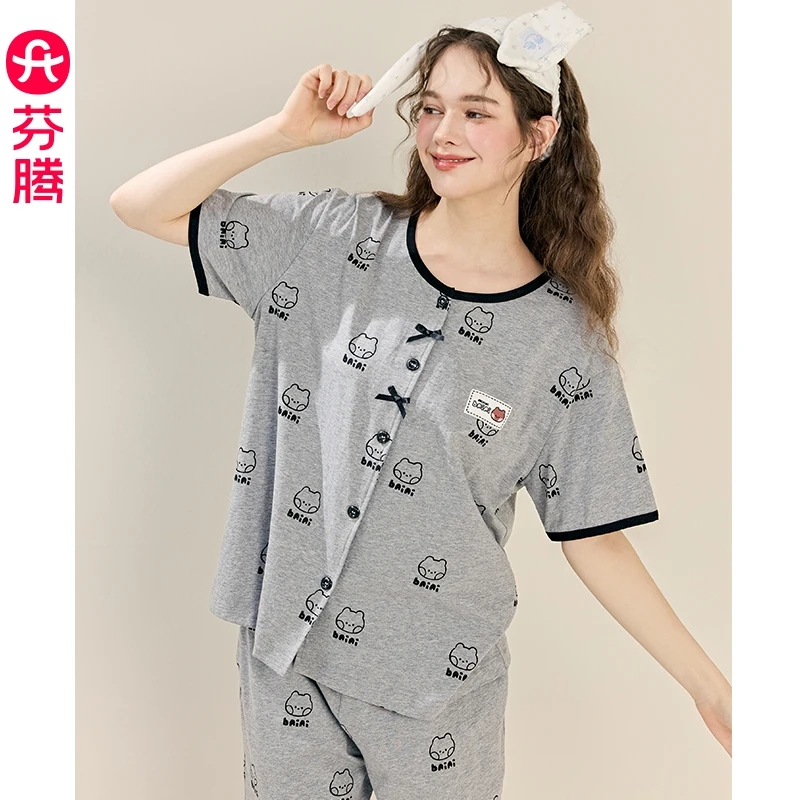 F纯棉短袖短裤夏季女通用睡衣薄款印花休闲20839