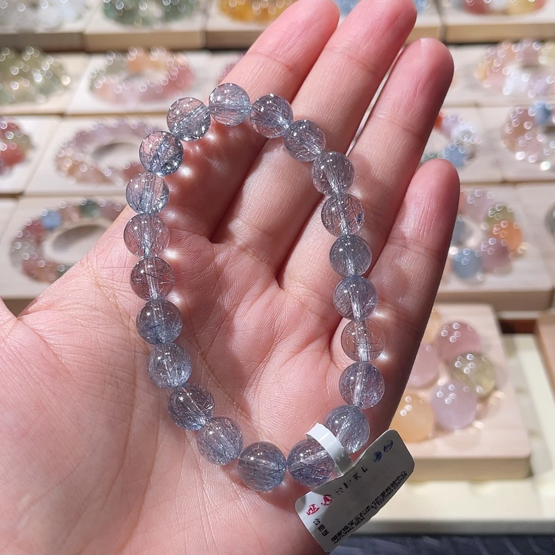 水晶手链未镶嵌蓝钢丝手链，晶体通透