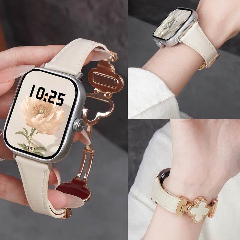 适用红米watch6表带小米watch5高颜值四叶草小蛮腰真皮女款