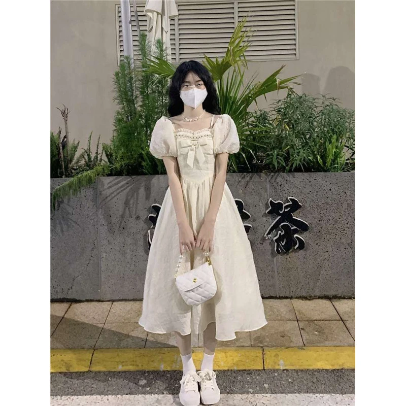 甜美公主风短袖连衣裙少女夏季新款高腰收身荷叶边学生长裙街头潮