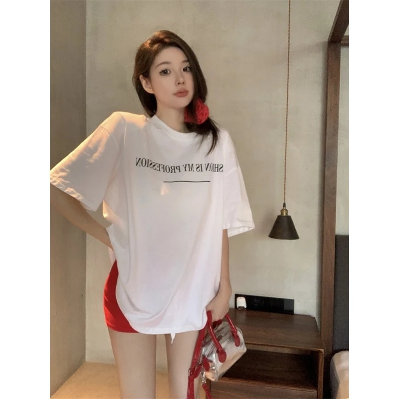 纯棉白色短袖T恤女装百搭大码200斤慵懒风圆领宽松中长款上衣