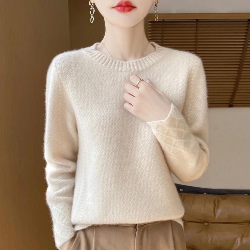 100%纯羊毛衫女秋冬加厚圆领套头提花毛衣宽松百搭针织打底衫羊绒