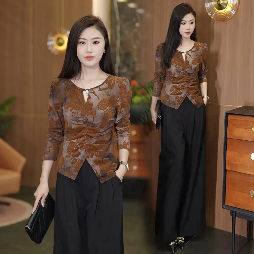 小众植绒花朵网纱长袖T恤女上衣2025年春秋季新款修身打底衫内搭