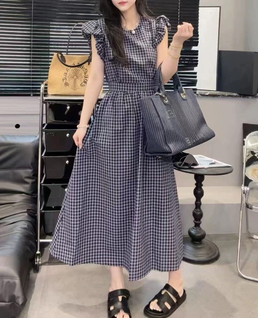 格子连衣裙女夏设计感小众超好看韩系收腰显瘦休闲独特漂亮长裙子