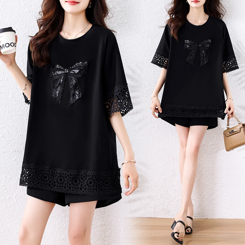 重工短袖T恤女2025夏季大码女装胖妹妹时尚宽松遮肚子显瘦上衣