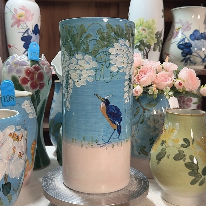 直筒油画紫藤鸟新款陶瓷陶瓷陶瓷