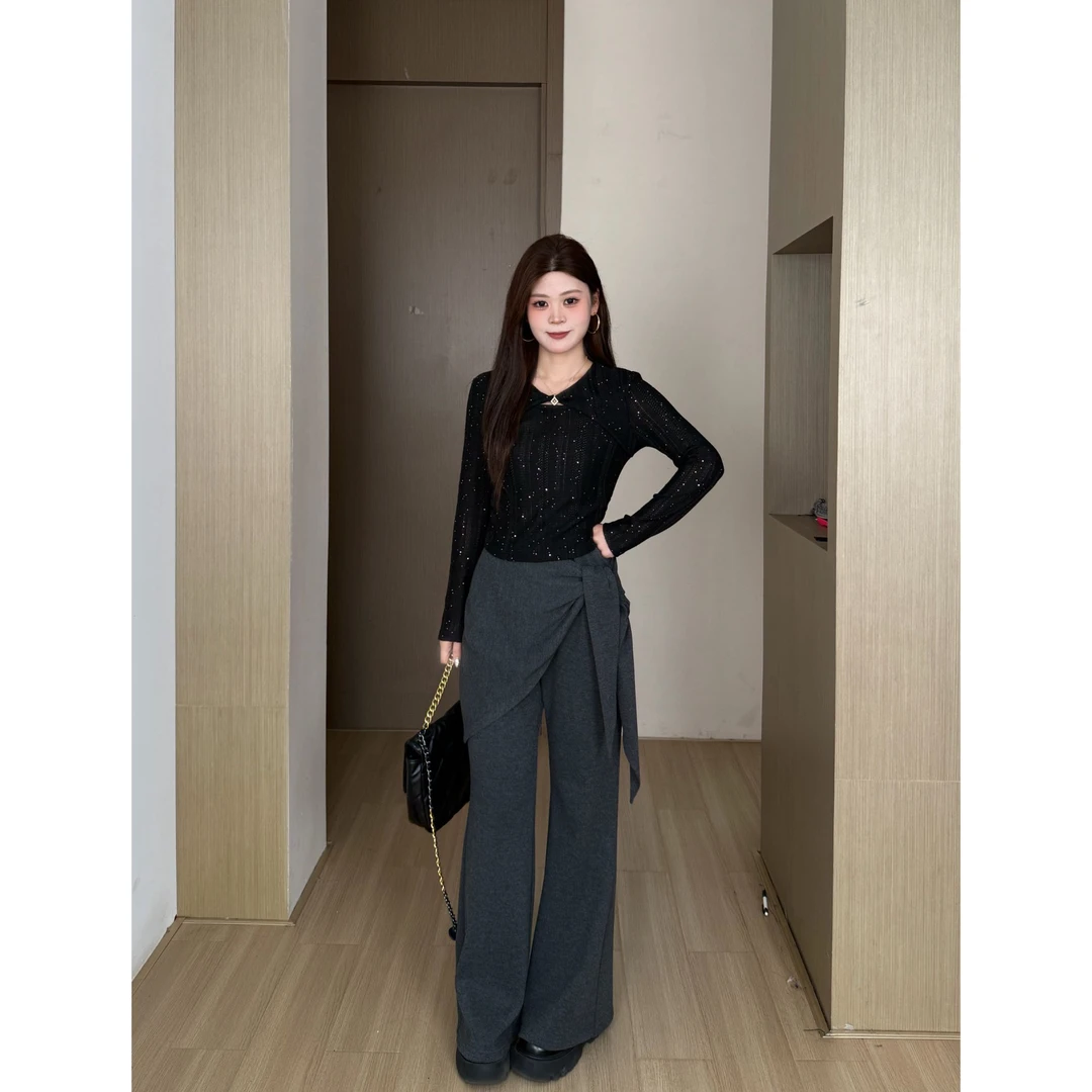 敏敏南岛风大码女装休闲风珠片针织上衣胖mm显瘦休闲裤套装ZZM370