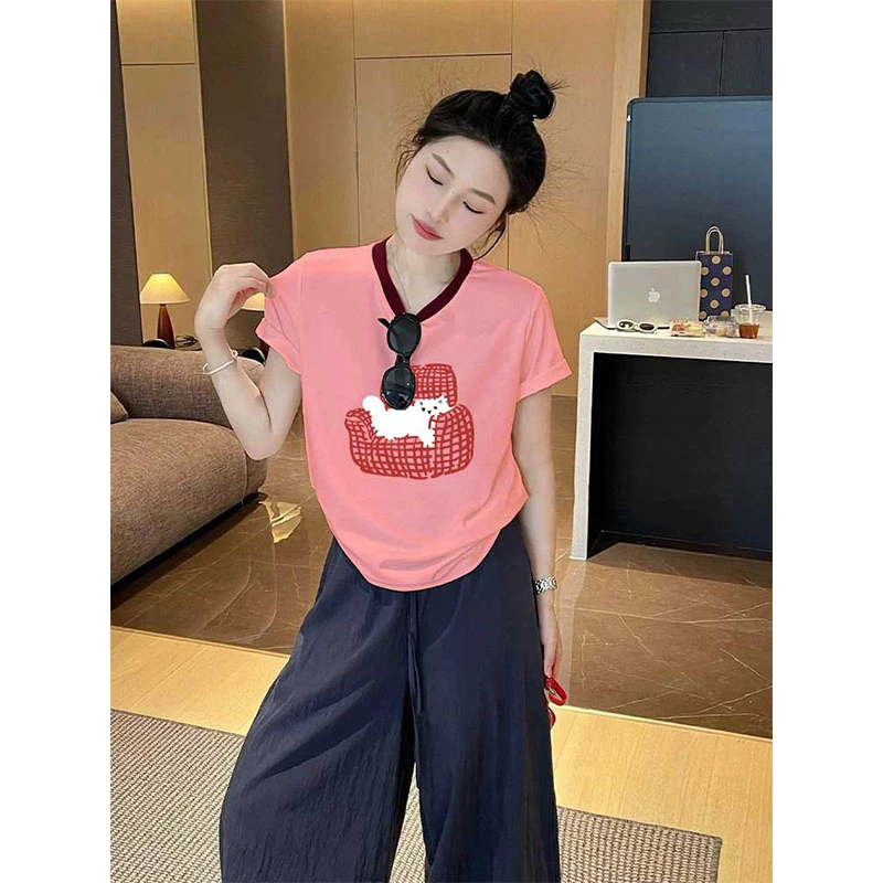 正肩撞色短袖女t恤2025新款小众设计感时尚百搭洋气粉色上衣夏季