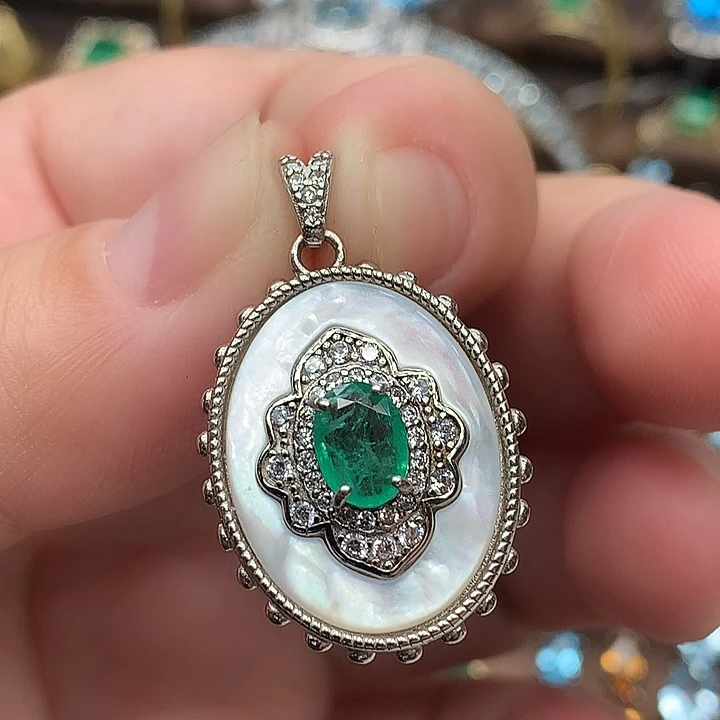 吊坠(不含链)祖母绿银S925镶嵌