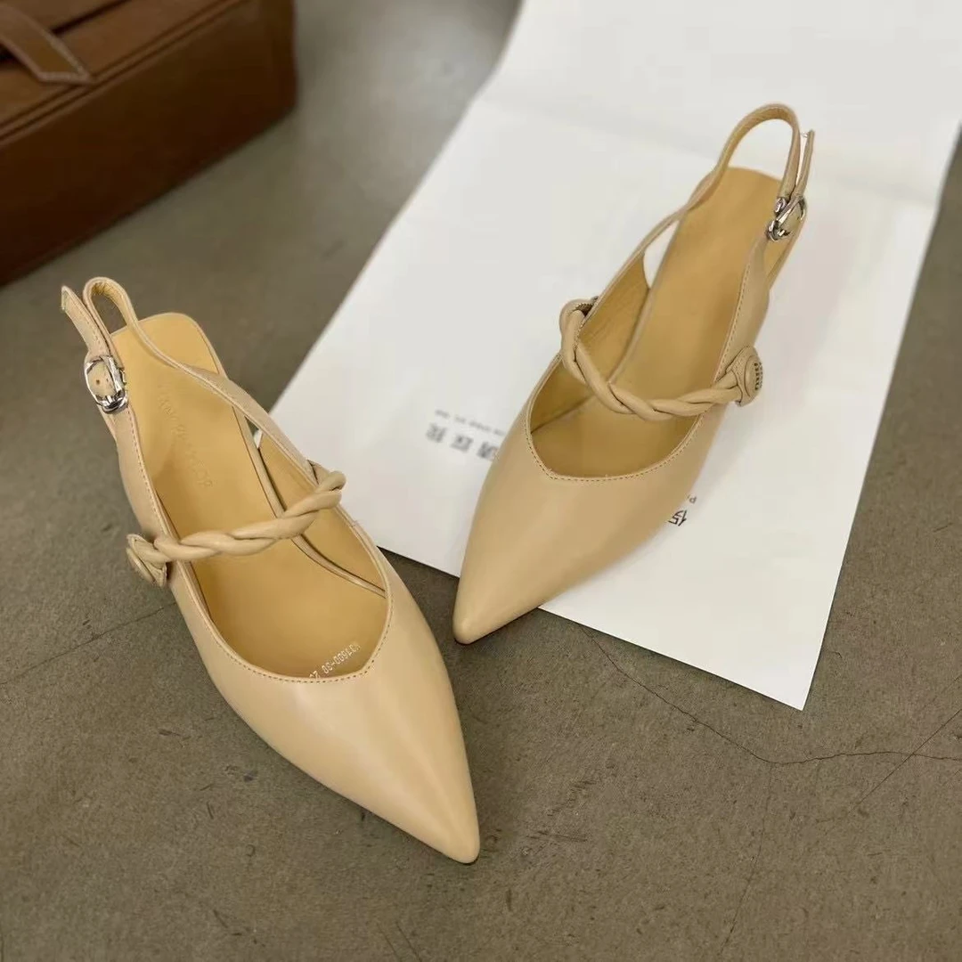 31600-38 羊皮包头凉鞋女尖头显瘦淑女小细跟软底后空瓢鞋扣带夏