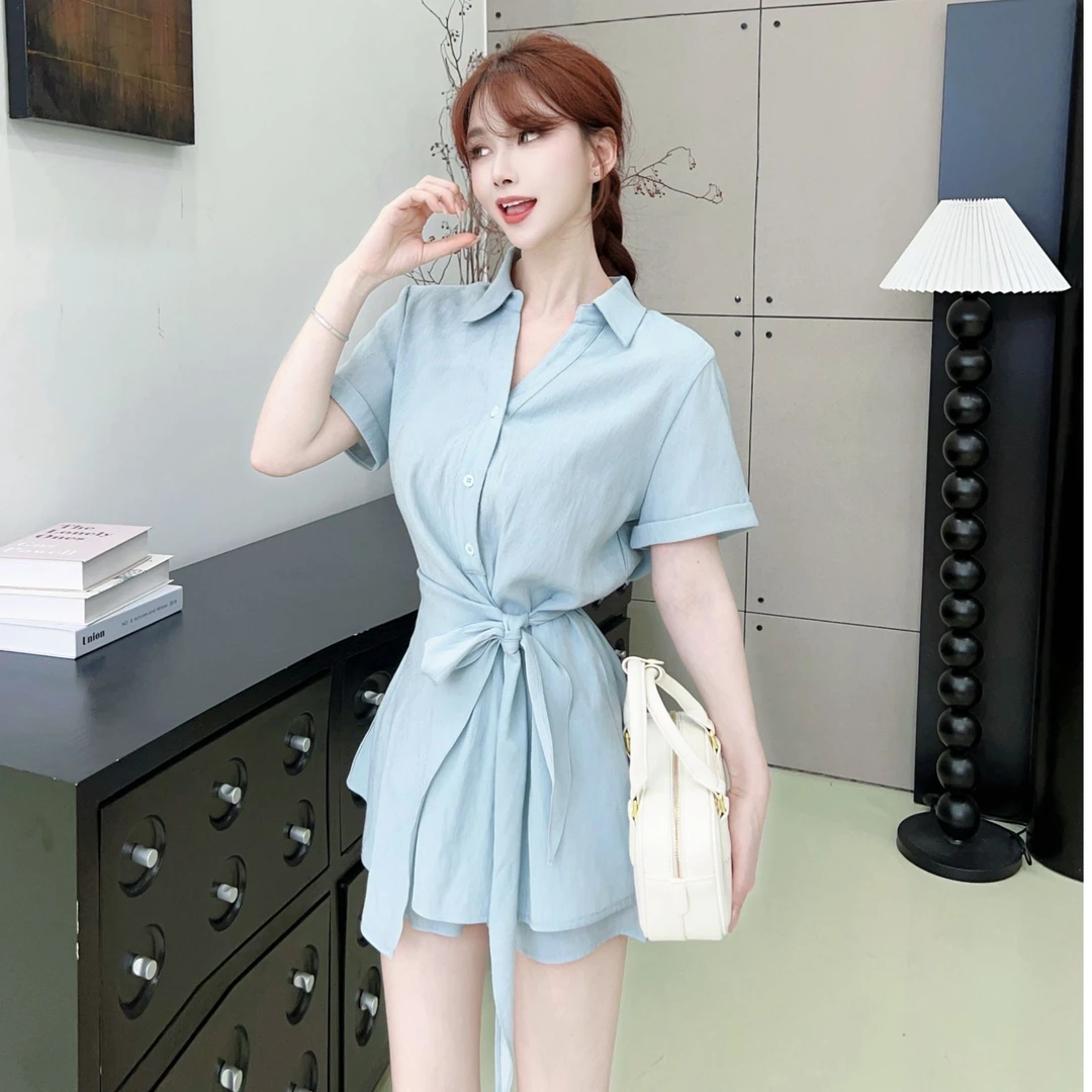 【miu系高知感】设计气质翻领绑带收腰短袖衬衫+高腰阔腿短裤两件套