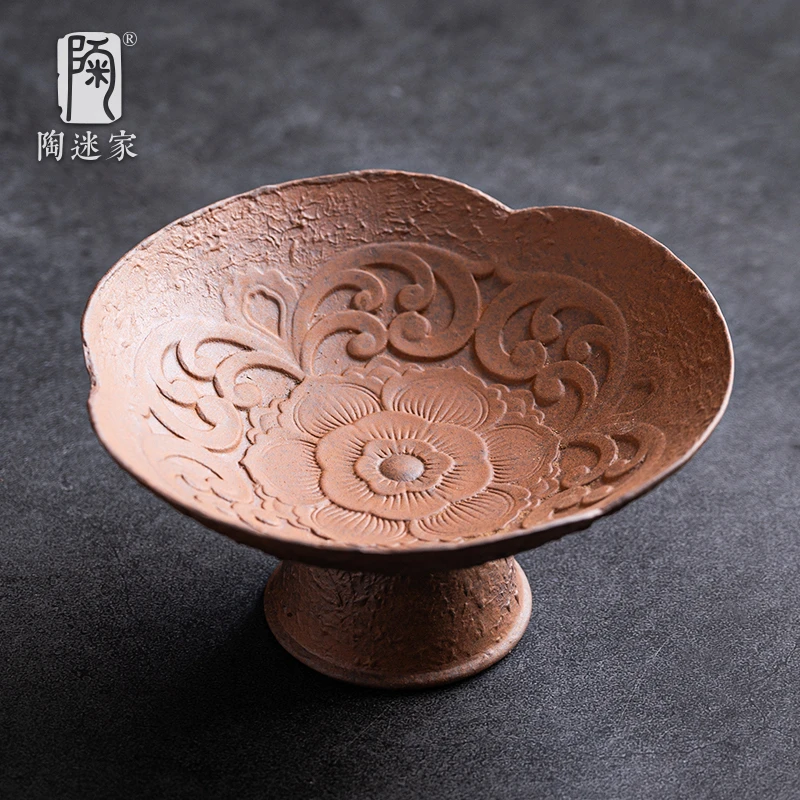 陶迷粗陶梅花果盘高脚点心盘家用桌面摆件中式茶点盘干果零食收纳