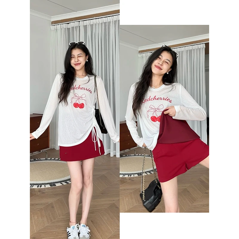 张阿星【色彩灵感】休闲时尚莱赛尔防晒遮肉抽身设计上衣+A字红裙裤