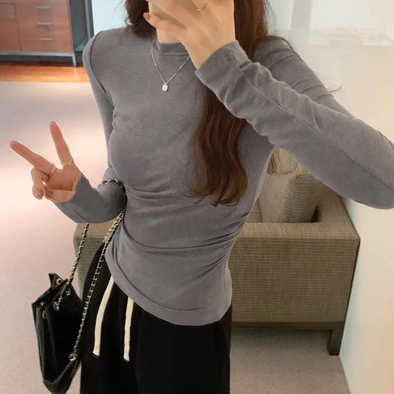 甜酷潮牌美式圆领设计感秋冬长袖t恤女小个子修身韩系打底衫上衣