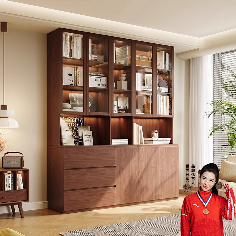 实木书架一体靠墙书房客厅定制储物柜书柜玻璃门展示柜组合书柜