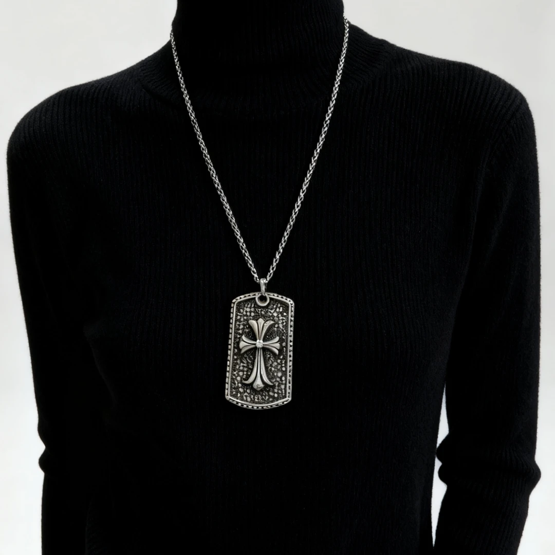 钛钢吊坠 钛钢项链配饰十字架银色复古项链钛钢不掉色潮饰品