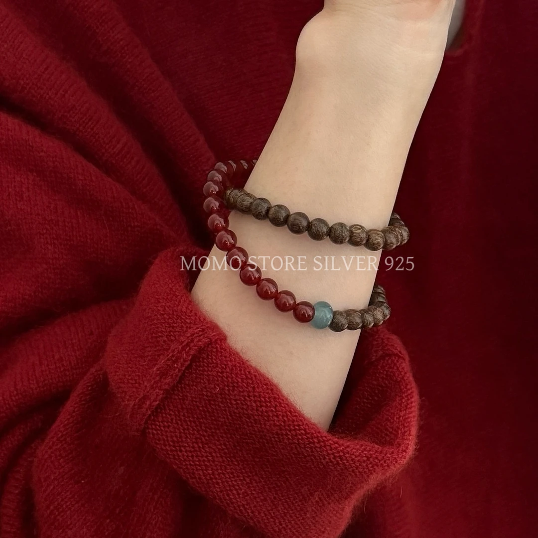 非金属木质手链 复古双圈手串手工红色显白气质简约手链小众女